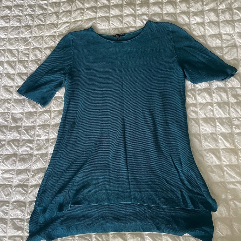 Eileen Fisher Teal Textured Short Sleeve Top